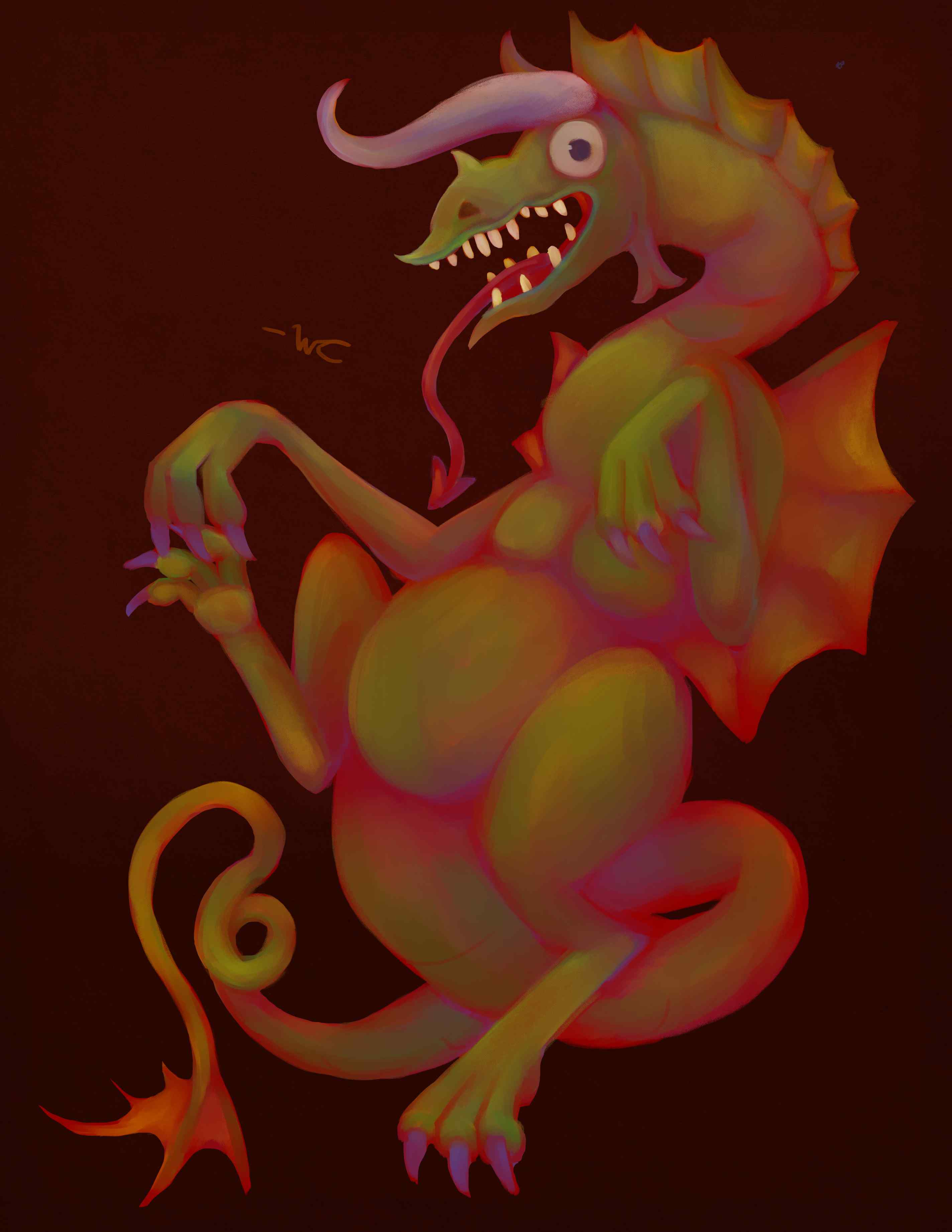 A stylized digital painting of a green dragon. It has a large toothy open mouth. 
